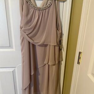 Layered Midi Dress with Jeweled Neckline in Taupe